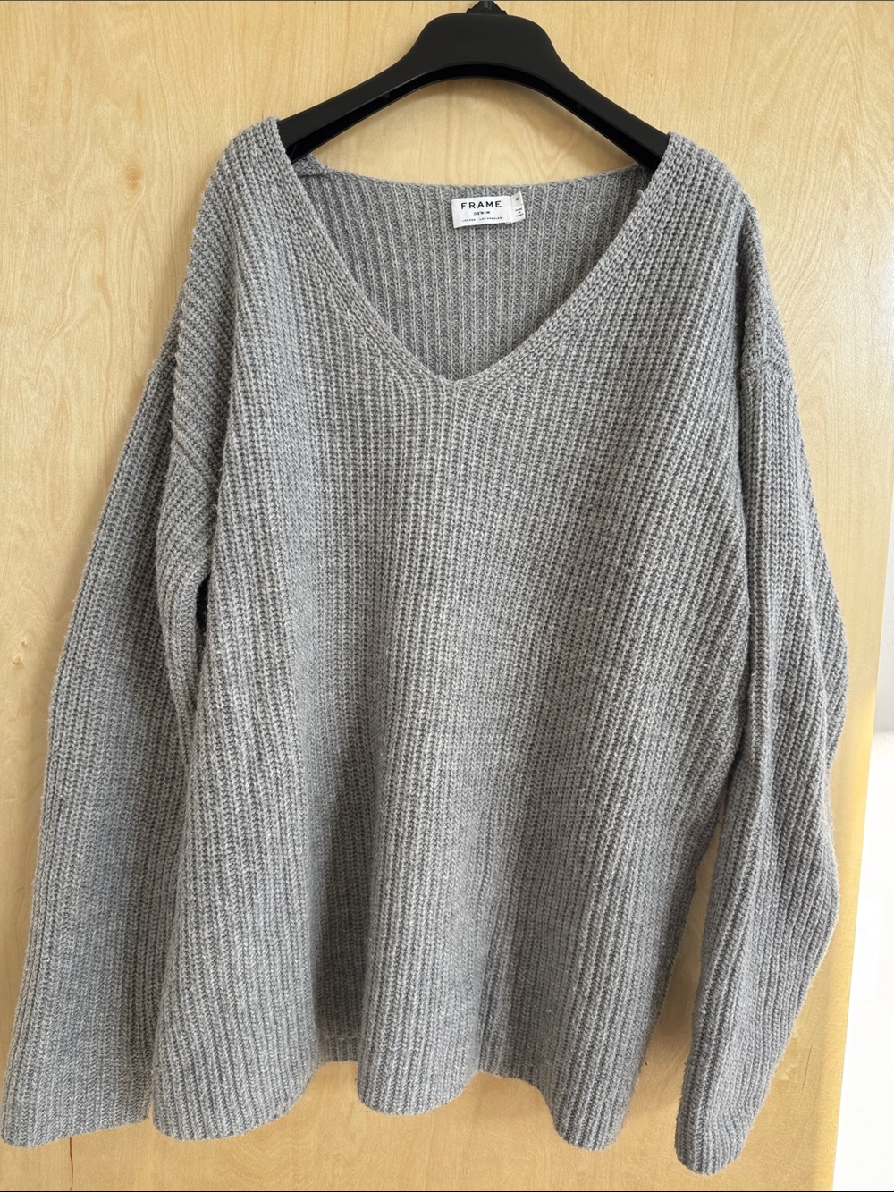Frame Denim Chunky Ribbed V-Neck Sweater in Light Gray
